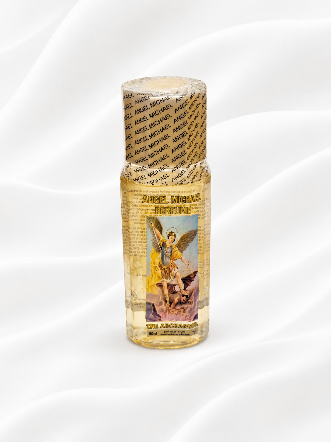 Bottle of angelic oil with an angelic design on a white background