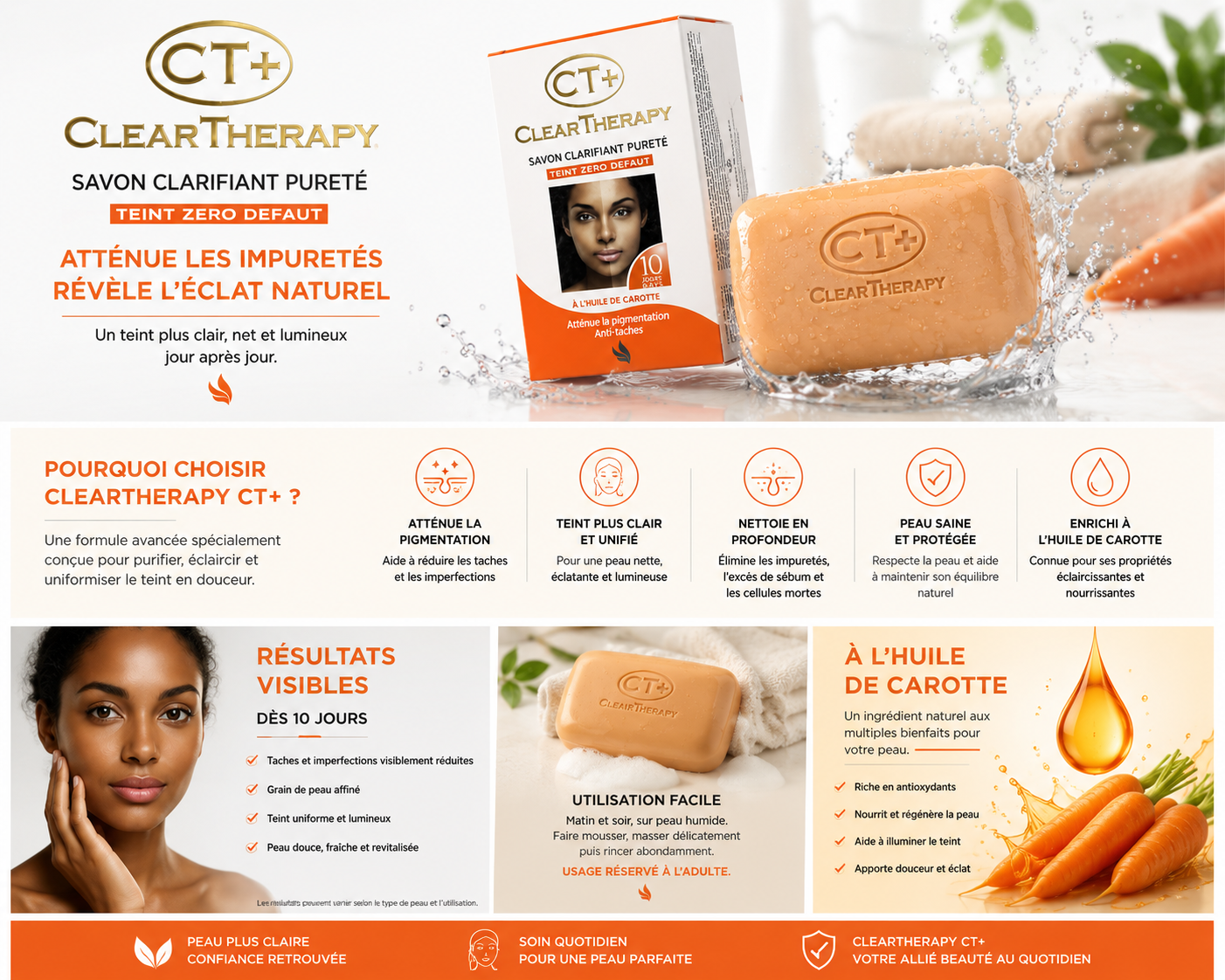 Clarifying carrot oil soap bar with CT+ Clear Therapy packaging and splash