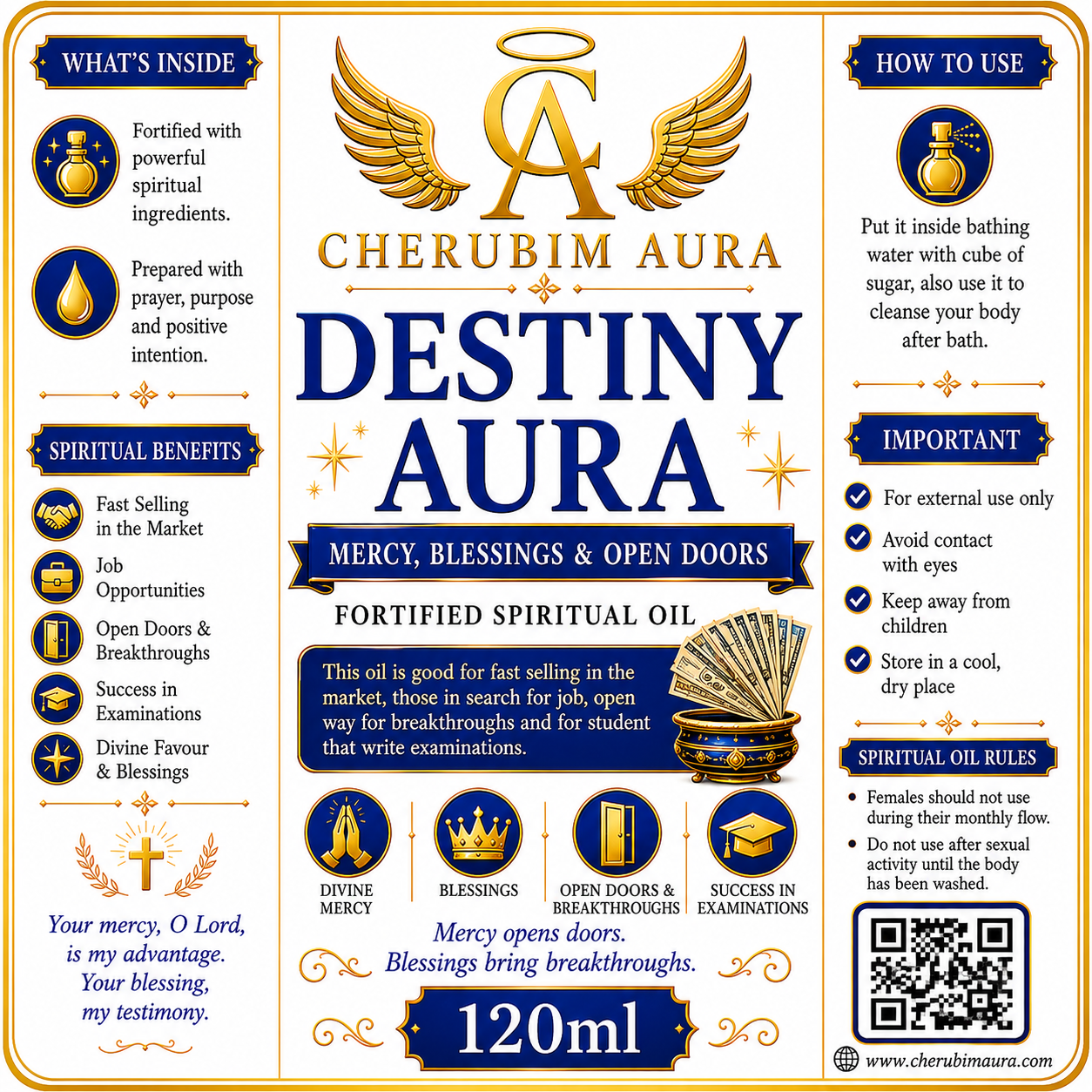 Cherubim Aura Destiny Mercy, Blessings & Open Doors Fortified Spiritual Oil – 120ml