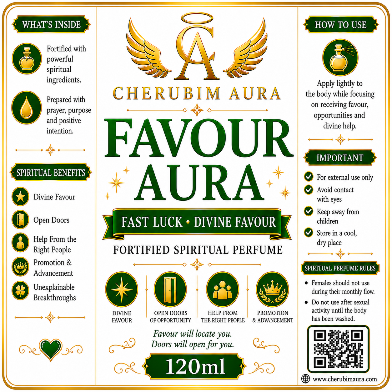 Cherubim Aura Favour Aura Fast Luck and Divine Favour Fortified Spiritual Perfume 120ml green and gold label.