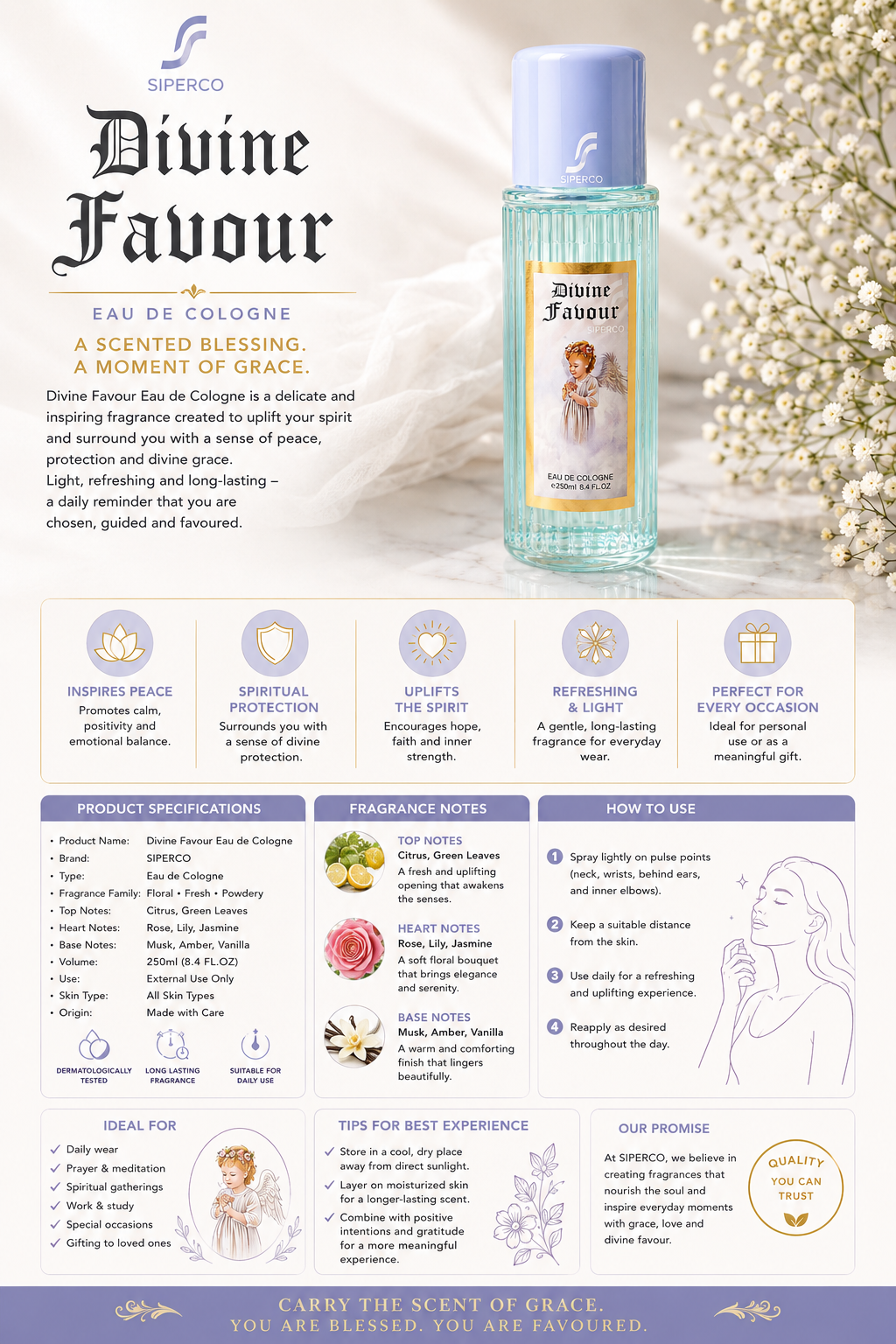 SIPERCO Divine Favour – Elegant Eau De Cologne - Traditional Spiritual Blessing Spray - 300ml