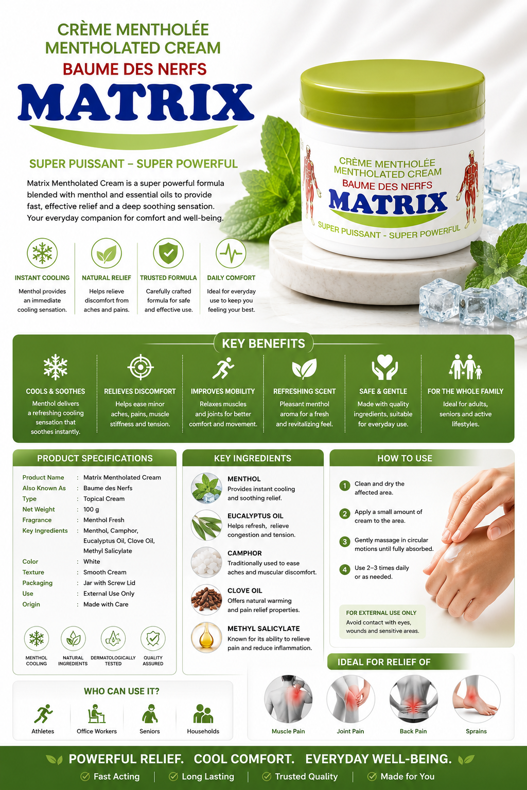 3x Matrix Mentholated Cream (Baume des Nerfs) – Super Powerful Pain Relief Balm Bundle