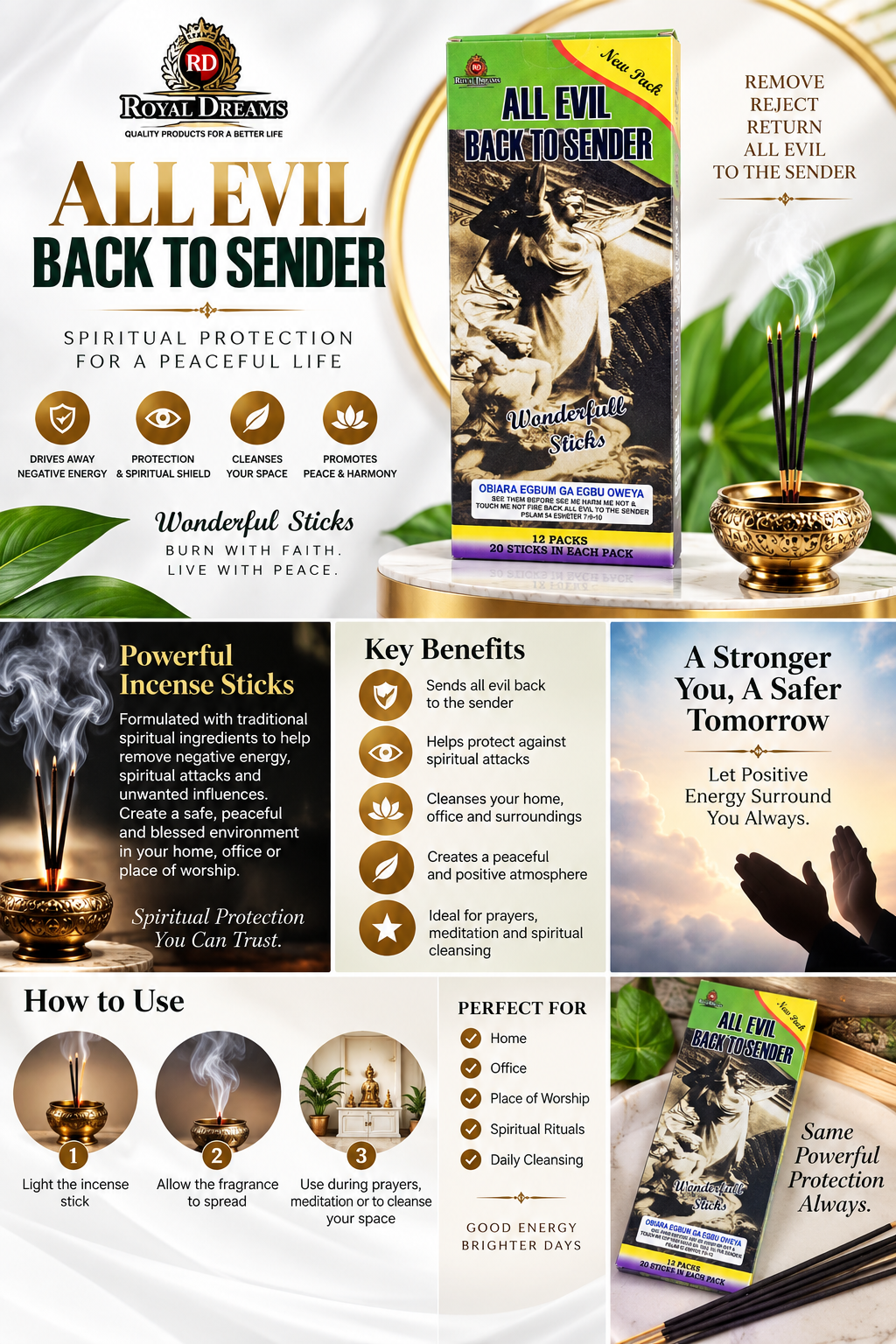 A promotional collage for Royal Dreams All Evil Back to Sender spiritual protection incense sticks. The layout includes product packaging, a lit incense burner with incense sticks, a cat illustration, benefit callouts, usage instructions, and a quote.