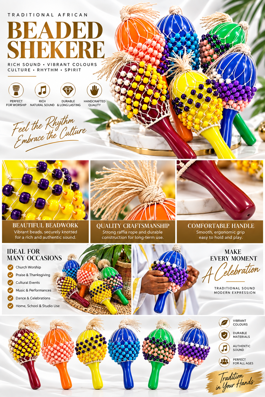 A promotional collage for traditional African Beaded Shekere maracas, showing multiple colorful maracas with bead patterns, close-up detail panels, and text describing features such as rich sound, vibrant colors, double wrapped handles, and comfortable handles. The maracas are displayed on a white background with some overlaid text and small lifestyle-style inset photos.