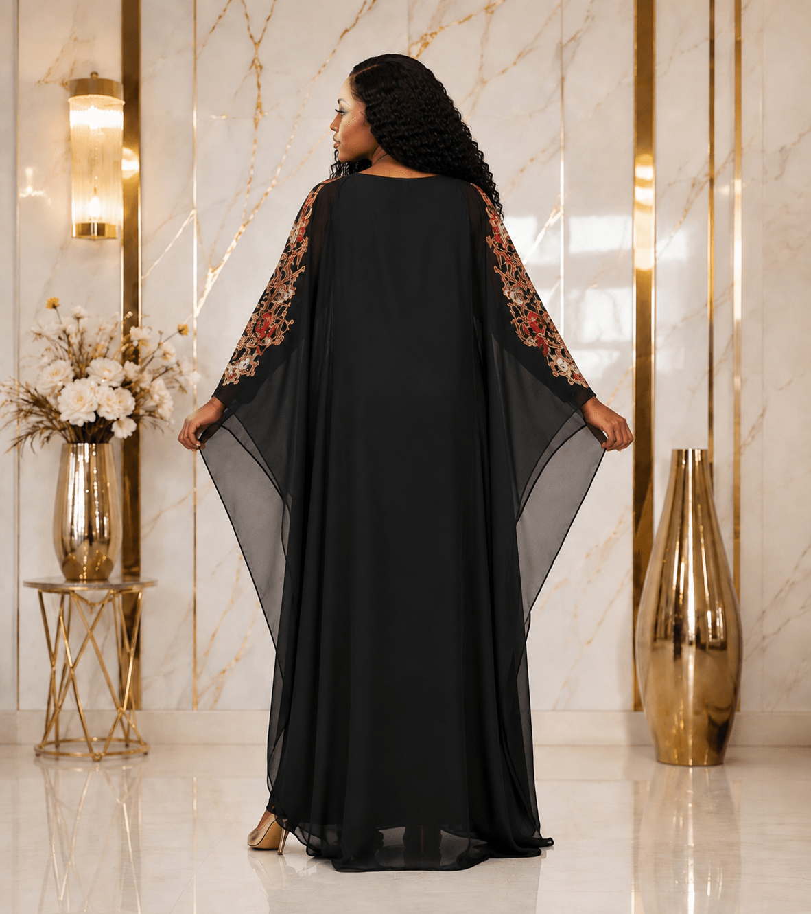 Black Luxury Baroque Print Kaftan Maxi Dress – Women's Elegant Loose Fit Boho Evening Caftan Gown - Maxi Dress - Cherubim Aura