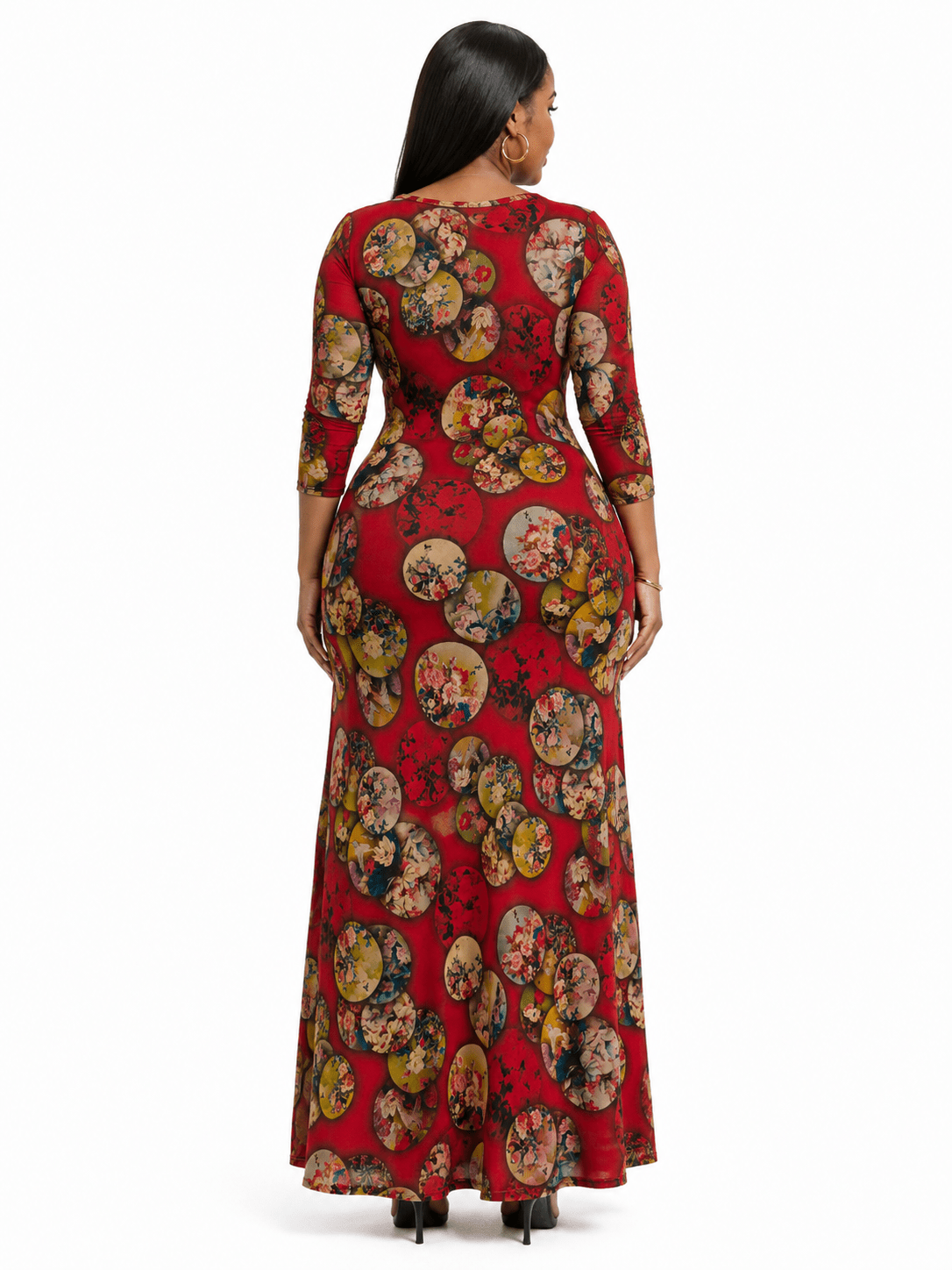Burgundy Multicoloured Floral Circle Print Maxi Dress | 3/4 Sleeve Crew Neck Women’s Long Dress - Maxi Dress - Cherubim Aura