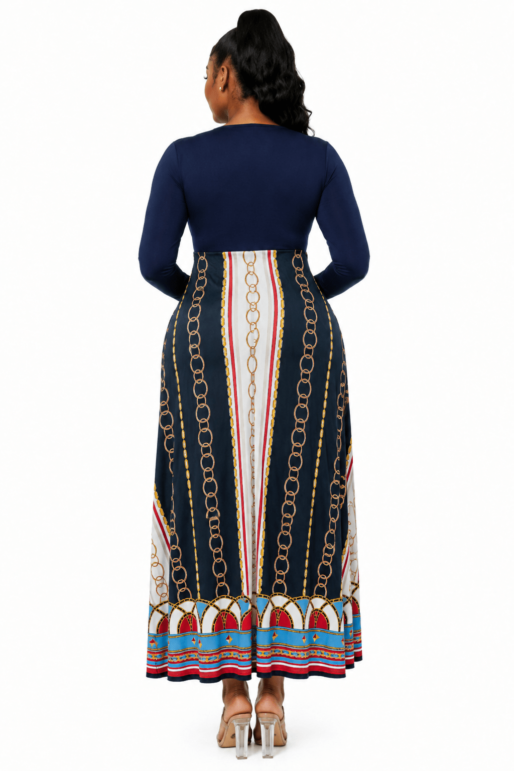 Chain Print High Waist Maxi Dress | Long Sleeve V-Neck Fit & Flare Dress - Maxi Dress - Cherubim Aura