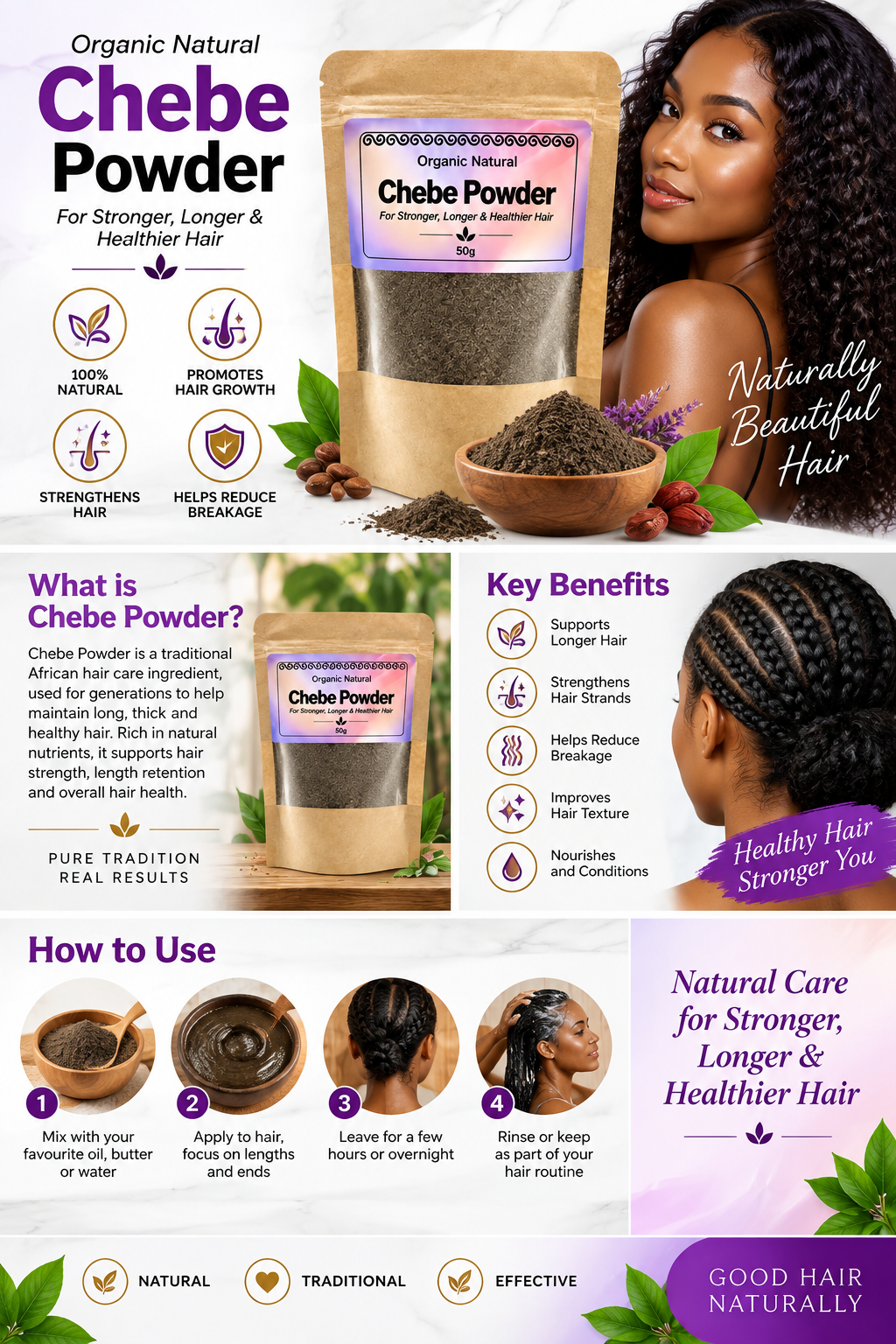 An infographic-style product page for Chebe Powder hair care. The central product is a kraft pouch labeled 'Organic Natural Chebe Powder' with a purple label.