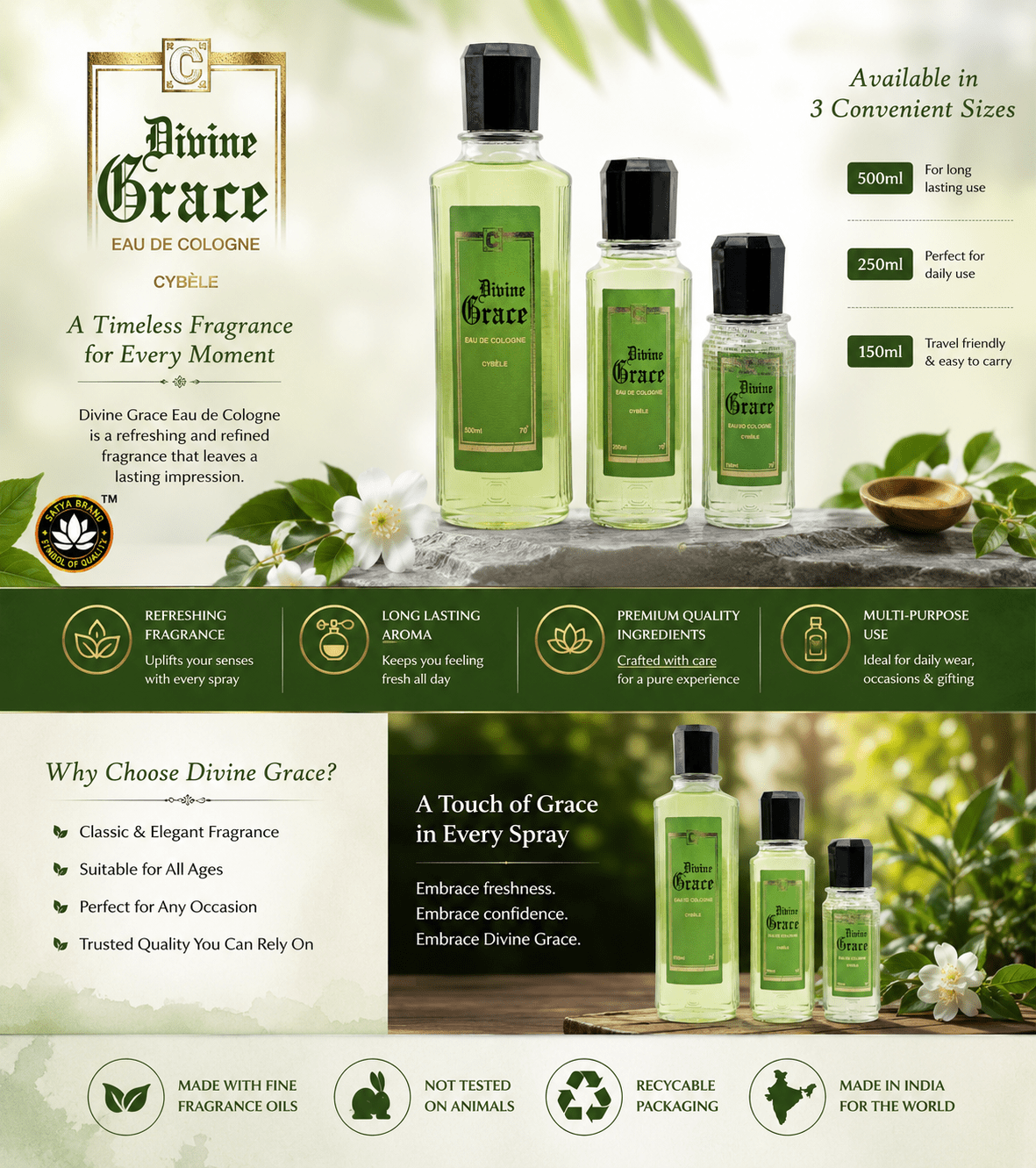 Divine Grace Eau de Cologne | Premium Long-Lasting Refreshing Fragrance | 500ml, 250ml & 150ml - Perfume - Cherubim Aura