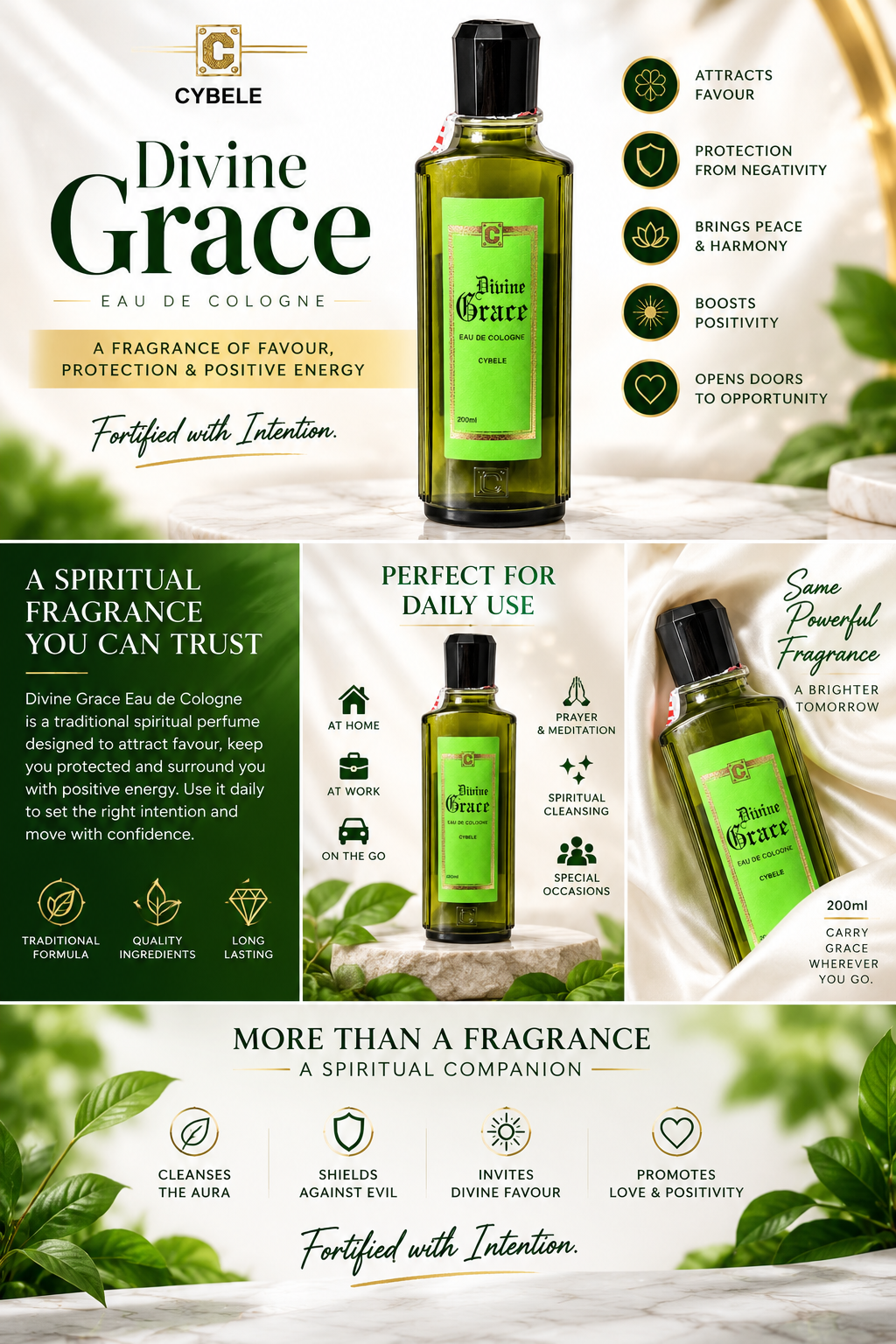 A promotional collage for Cybele Divine Grace Eau de Cologne, showing multiple views of a green bottle with a black cap, surrounded by text callouts, icons, and decorative leaves on a light beige background.