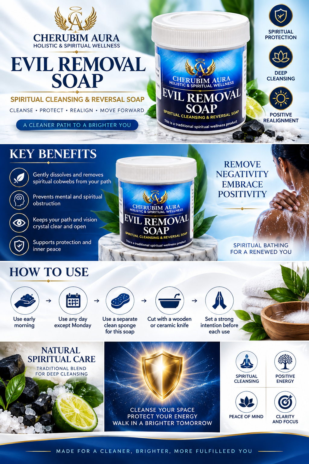 A promotional infographic for Cherubim Aura Evil Removal Soap, featuring two white tubs of the blue-labeled product, benefit callouts, a 'How to Use' diagram, and a small lifestyle scene of a person meditating outdoors.