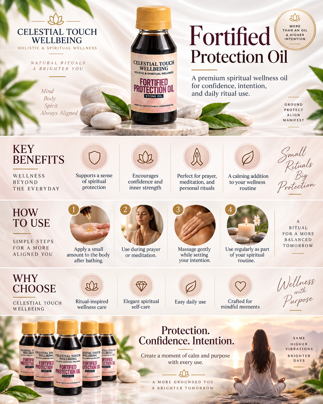 A promotional infographic for Celestial Touch Wellbeing's Fortified Protection Oil, featuring a central bottle, multiple smaller bottles at the bottom, and step-by-step usage instructions with small photos of people in a wellness setting.