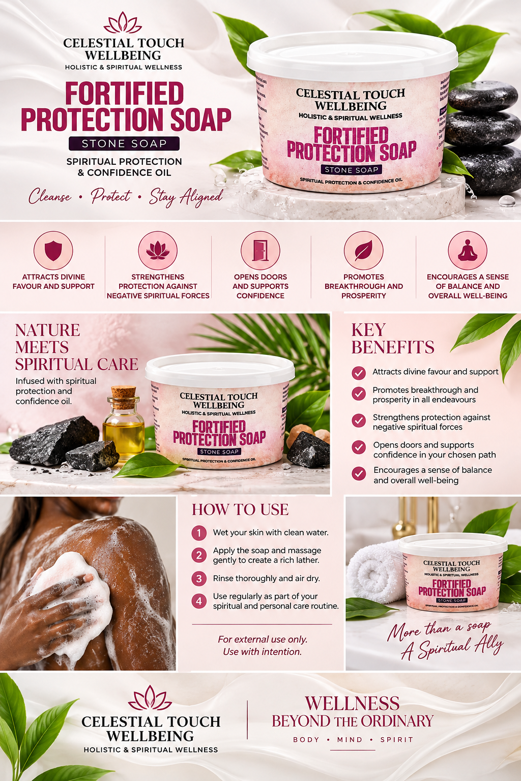 A promotional collage for Celestial Touch Wellbeing Fortified Protection Soap Stone, featuring multiple product shots, text callouts, icons, and decorative botanical elements on a white background.