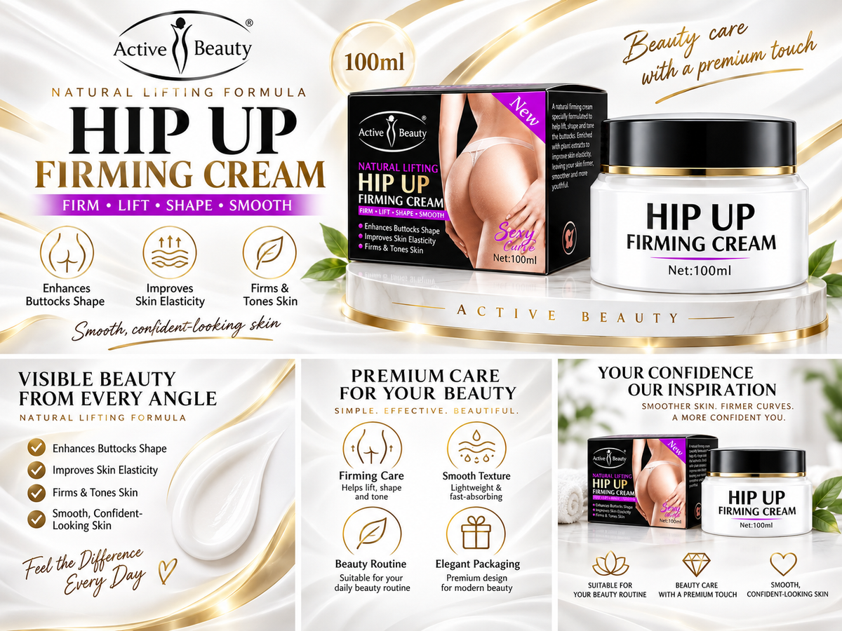 Promotional graphic for Active Beauty Hip Up Firming Cream, showing the cream jar, product box, and several marketing callouts on a white background with gold accents.