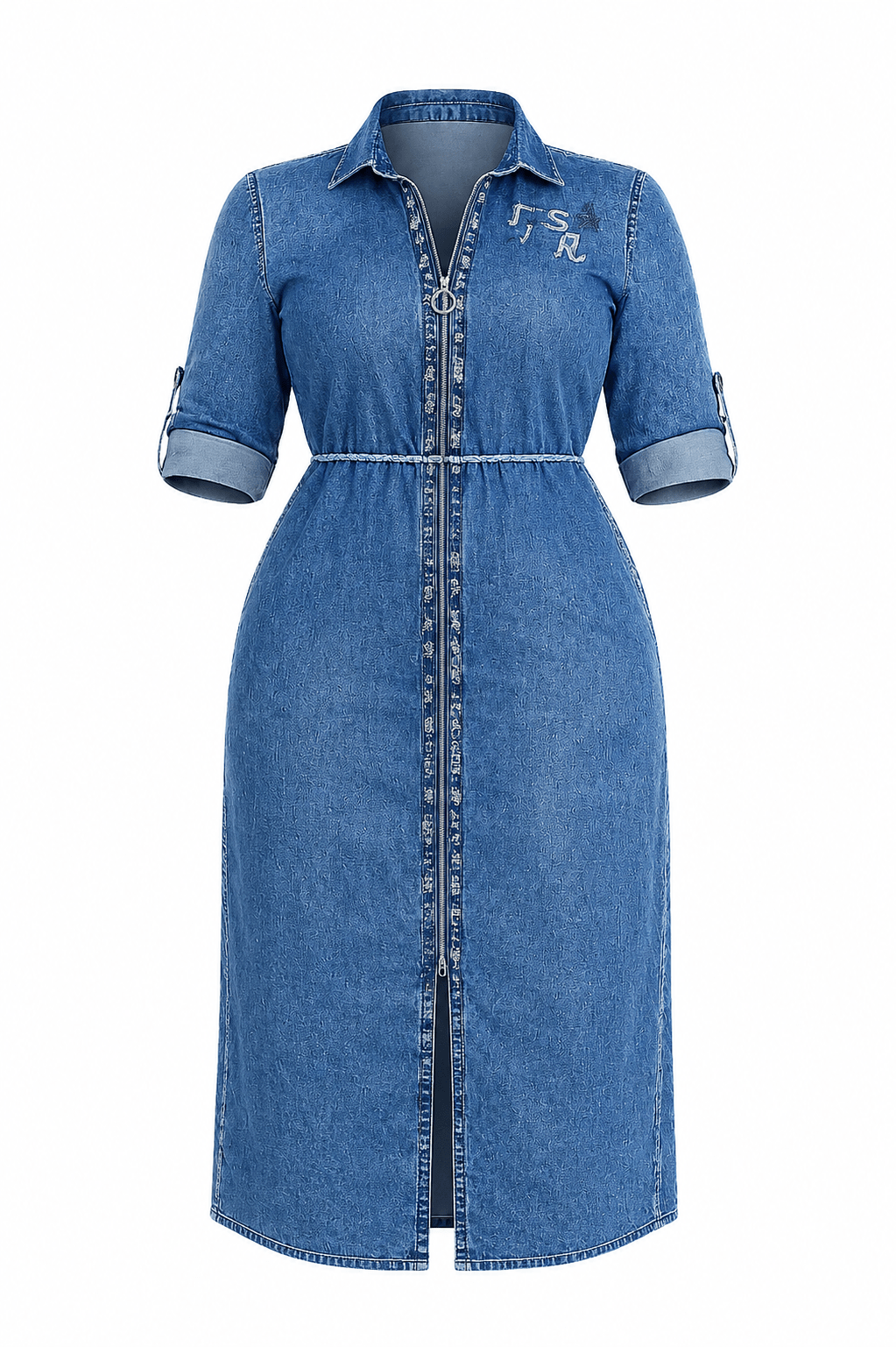 Luxury Acid Wash Denim Zip Front Shirt Midi Dress with Roll-Tab Sleeves & Waist Belt – Women's Casual Chic Dress - Midi Dresses - Cherubim Aura