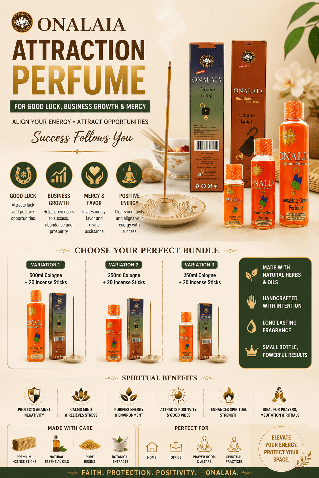 Onalaia Attraction Perfume Bundle | 500ml, 250ml & 150ml Fragrance Perfume with Road Opener Premium Incense Sticks - Bundle - Cherubim Aura