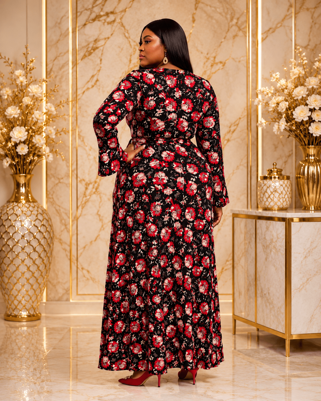 Red & Black Floral Maxi Dress – Elegant Long Sleeve A-Line Women's Occasion Dress - Maxi Dress - Cherubim Aura
