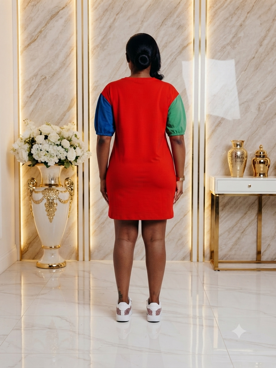A woman viewed from behind wearing a colorblock mini dress with a bright red body, blue short sleeves, and green puff sleeves, standing in a luxury interior with marble walls and gold accents.