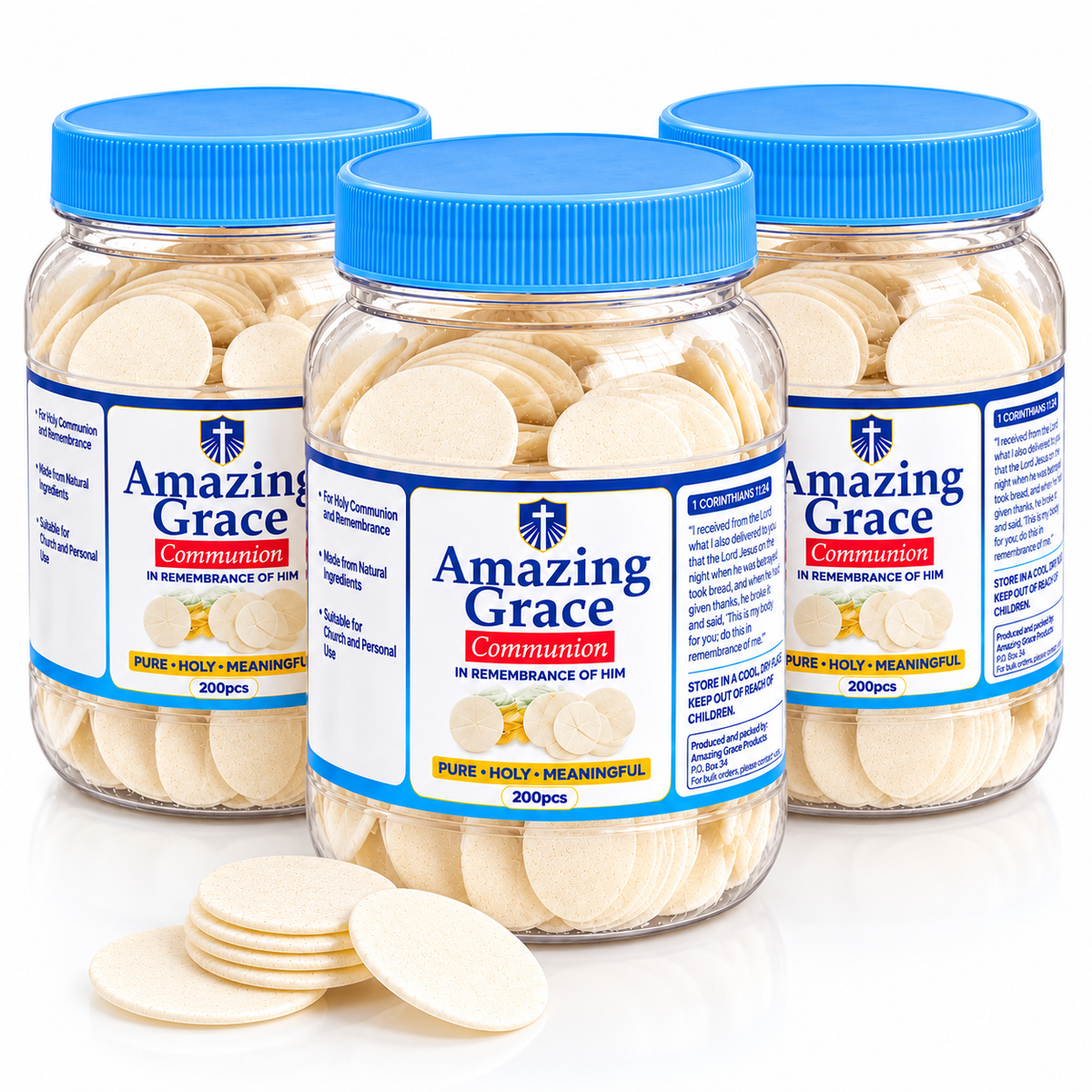 Amazing Grace Holy Communion Wafers – 200 Pieces | Communion Bread for Church & Christian Worship | 1 - 3 Jars