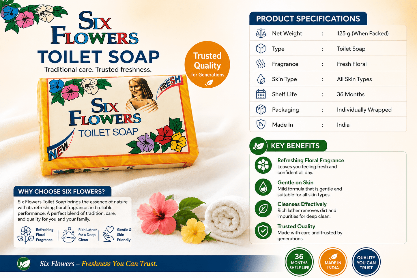 Six Flowers Toilet Soap – Fresh Floral Cleansing Bath & Body Soap Bar - Bath Soap - Cherubim Aura