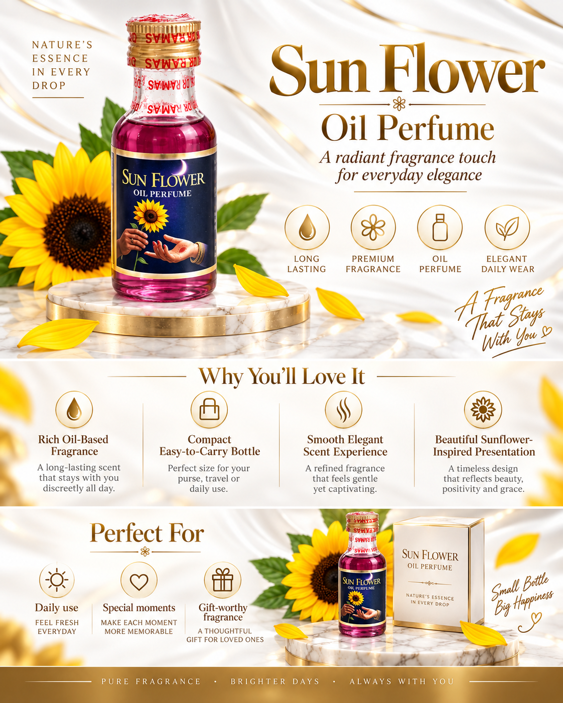 A promotional graphic for Sun Flower Oil Perfume, featuring a small bottle with a dark pink liquid, sunflower illustrations, and text sections explaining the fragrance's benefits and occasions. The design uses a warm, golden color palette with white and gold accents.
