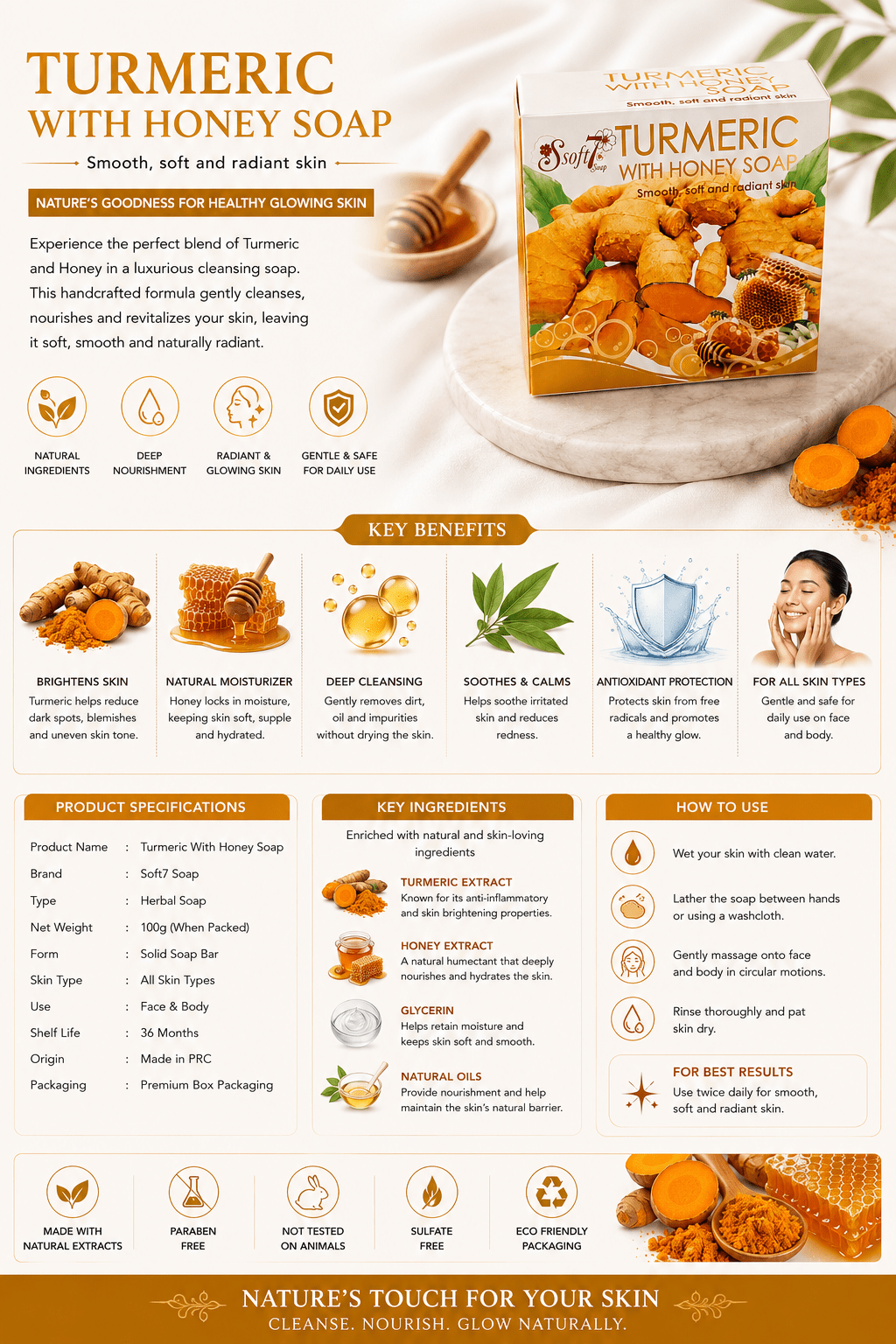 Turmeric with Honey Soap 120g – Herbal Face & Body Cleansing Bar with Turmeric & Honey for Smooth, Soft & Radiant-Looking Skin - Skincare - Cherubim Aura