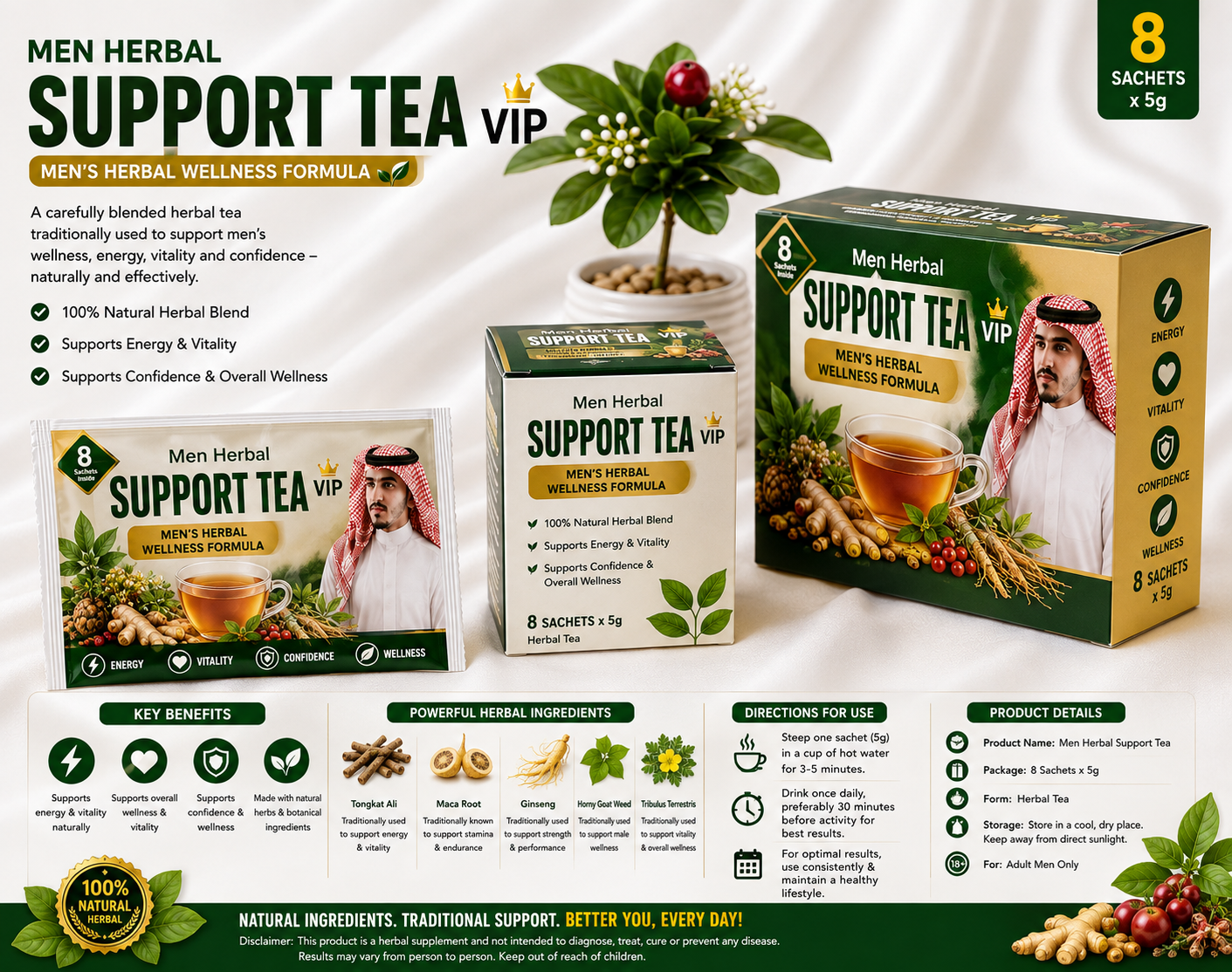 VIP Men's Strength Herbal Sachets – Men's Botanical Herbal Supplement – 8 Sachets