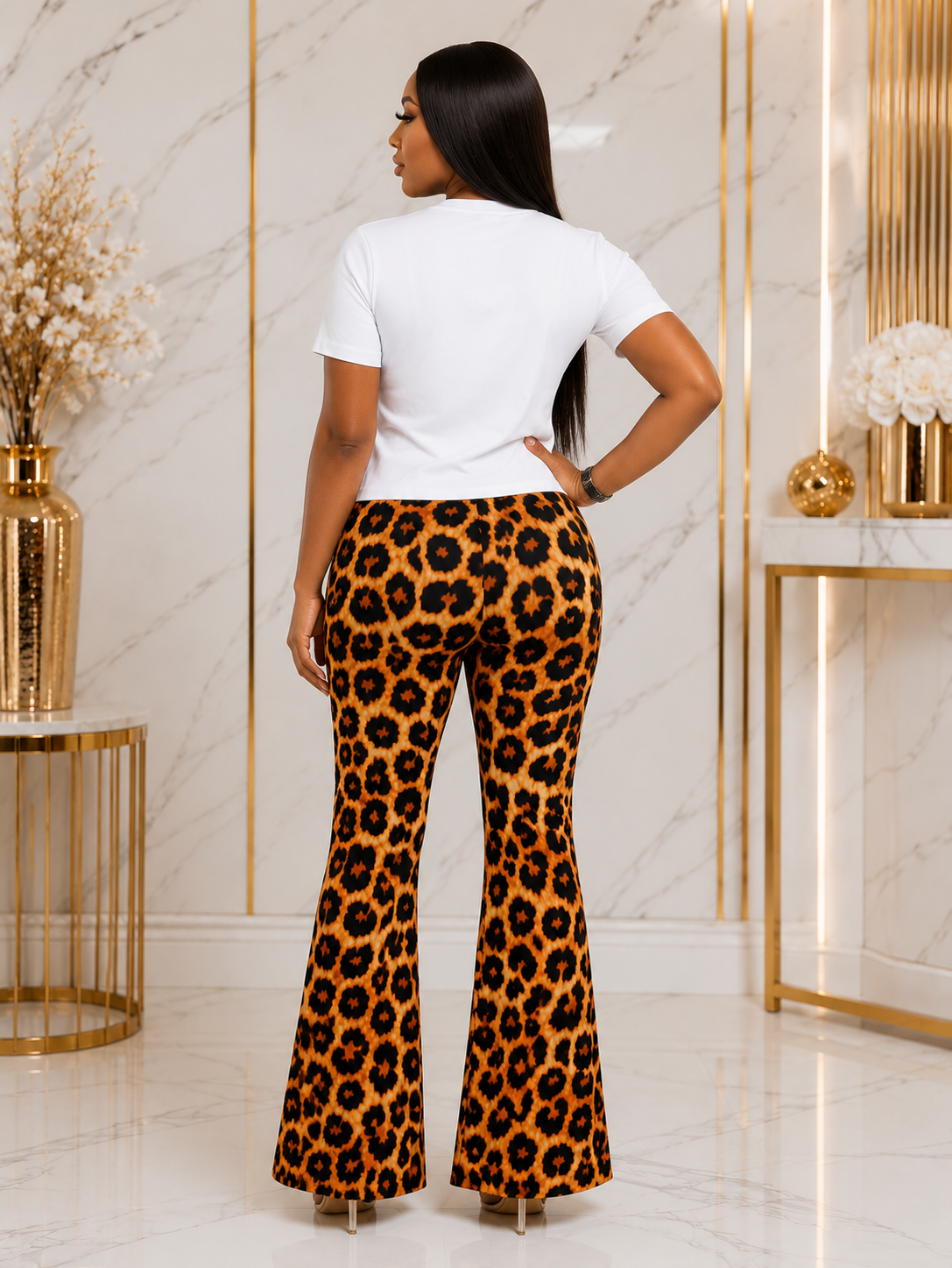 Women's Leopard Print Two-Piece Flared Trouser Set – Graphic Lips T-Shirt & High Waist Bell Bottom Pants (Brown & Red)