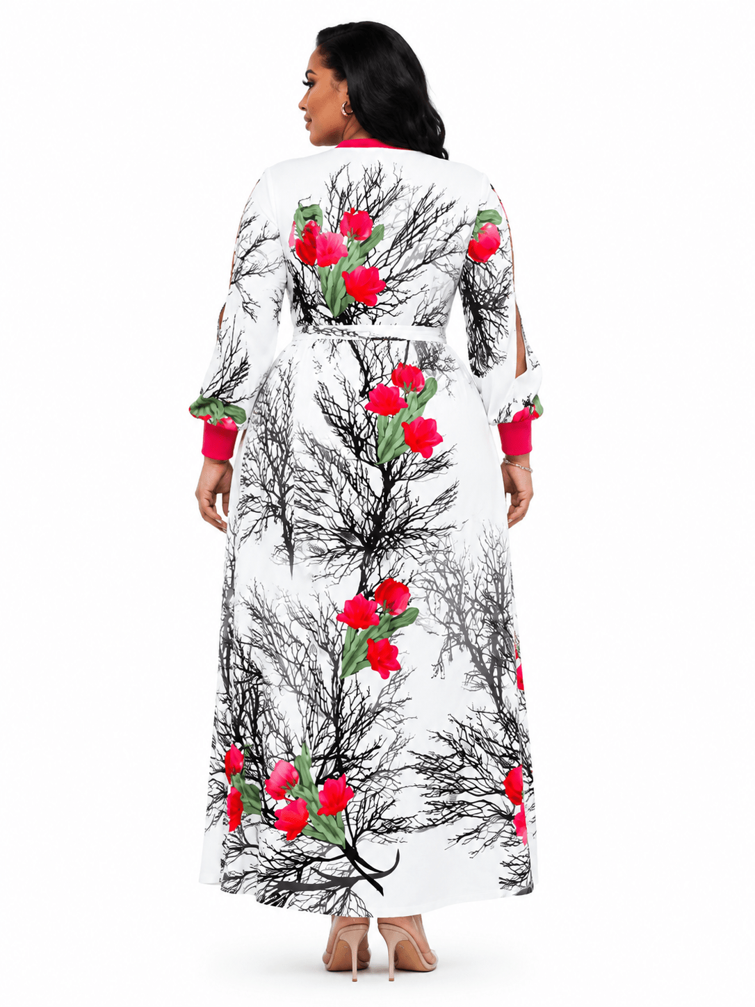 White Multicolour Floral Maxi Dress with Pink Trim | Cold Shoulder Crew Neck Long Dress - Maxi Dress - Cherubim Aura