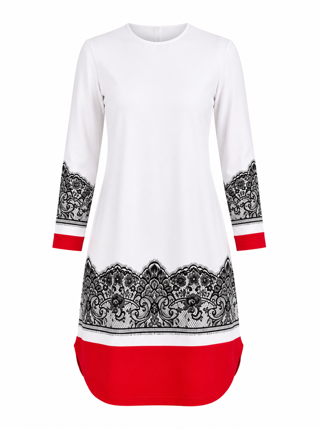 Women's White Lace Print Shift Mini Dress – Long Sleeve Colour Block Tunic Dress