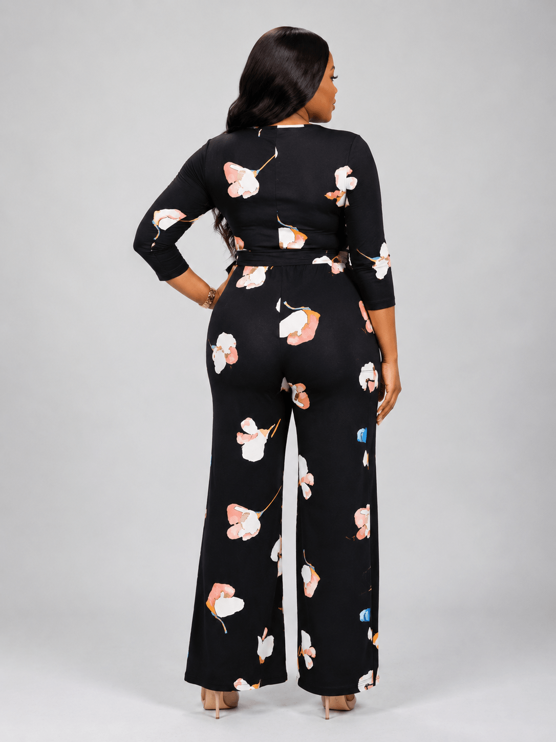 Women’s Black Floral Wrap Jumpsuit – Wide Leg Tie Waist Outfit - Jumpsuit - Cherubim Aura