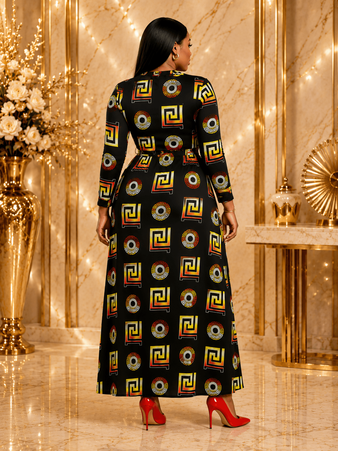 Women`s Black Geometric Print Wrap Maxi Dress – Elegant Long Sleeve V-Neck Split Maxi Dress for Women - Maxi Dress - Cherubim Aura