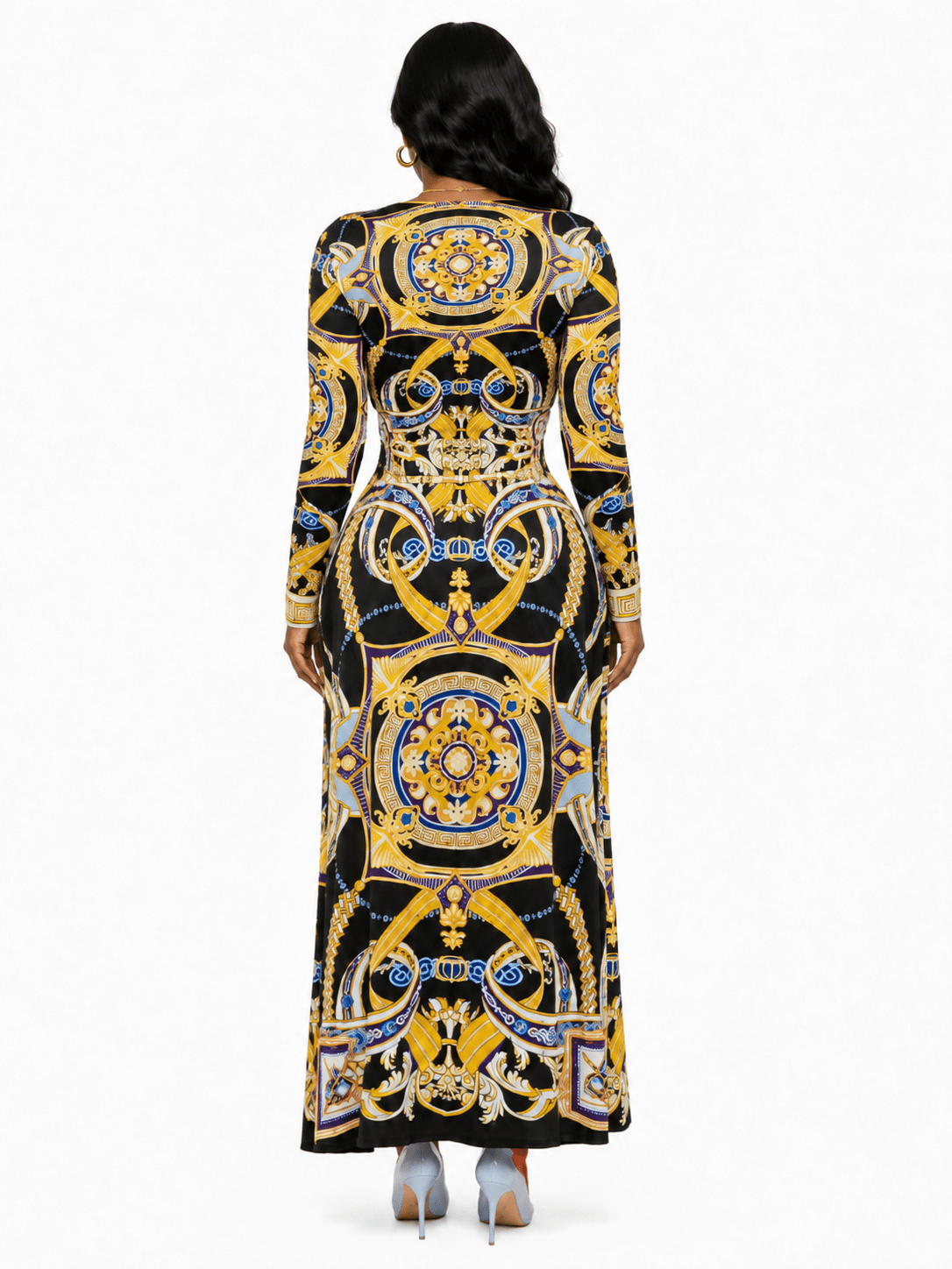 Women’s Black & Gold Baroque Print Wrap Maxi Dress – Long Sleeve V-Neck High Waist Split Dress - Maxi Dress - Cherubim Aura