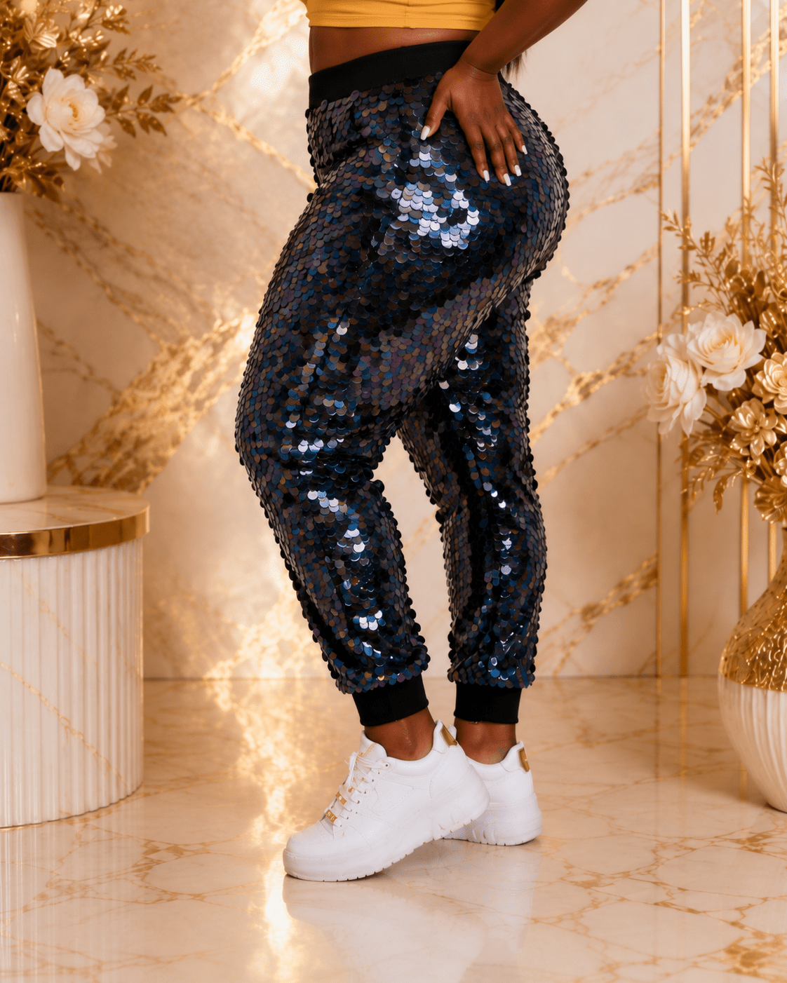 Women’s Black Sequin Jogger Trousers – Iridescent Full-Length Party Pants with Elastic Waist and Cuffed Ankles - Trouser - Cherubim Aura