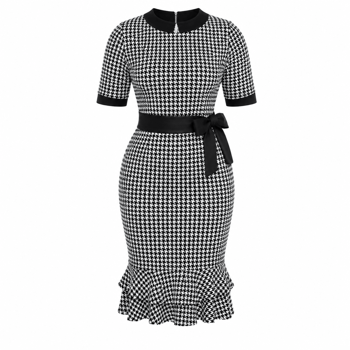 Women's Black & White Houndstooth Mermaid Midi Dress – Elegant Belted Bodycon Office Dress - Midi Dresses - Cherubim Aura