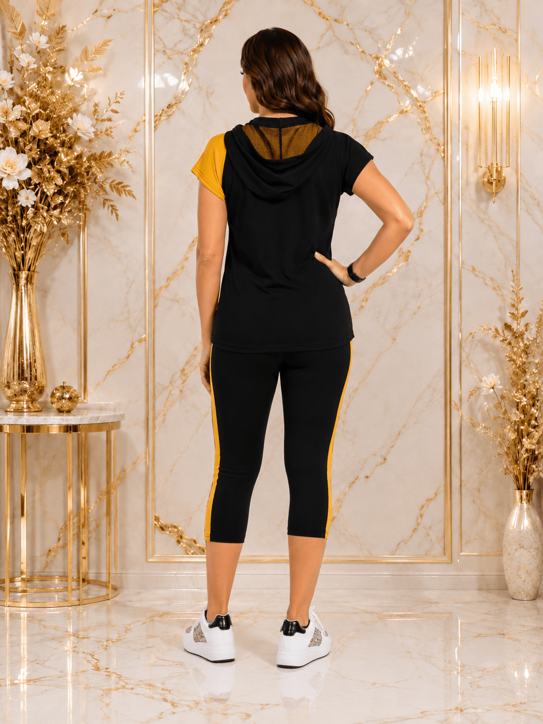 Women's Black & Yellow Two-Piece Capri Set | Hooded Graphic T-Shirt & Crop Leggings Lounge Outfit - Matching Set - Cherubim Aura