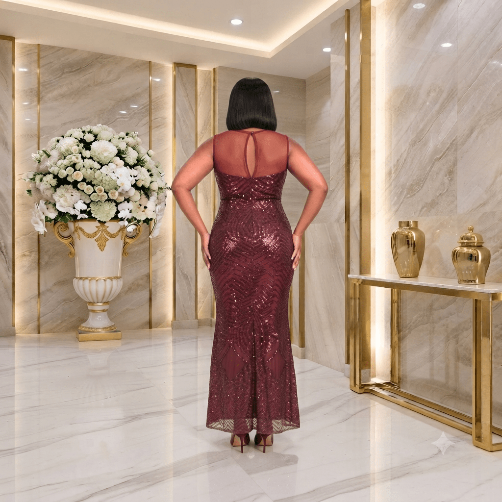 Women's Burgundy Sequin Mermaid Maxi Evening Gown – Elegant Sleeveless Formal Occasion Dress - Maxi Dress - Cherubim Aura