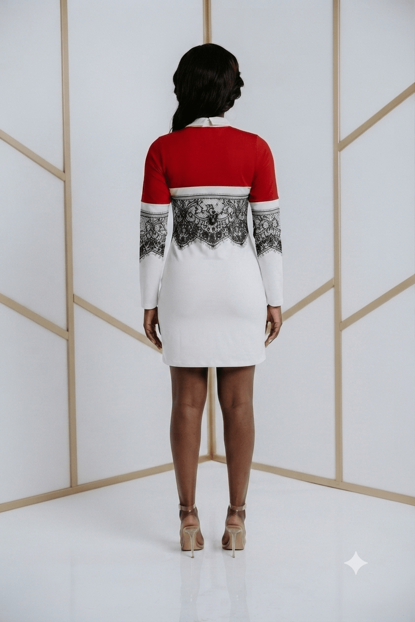 Women's Contrast Collar Lace Print Mini Shift Dress – Long Sleeve Elegant Casual Dress (Yellow & Red) - Mini Dress - Cherubim Aura