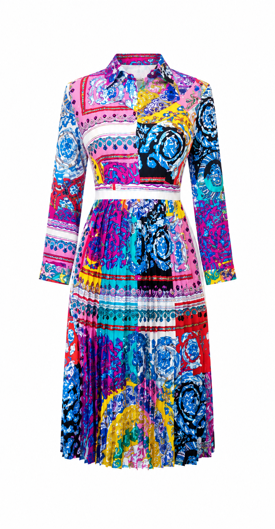 Women's Multi-Color Patchwork Print Pleated Midi Dress – Long Sleeve Collared A-Line Shirt Dress - Midi Dresses - Cherubim Aura