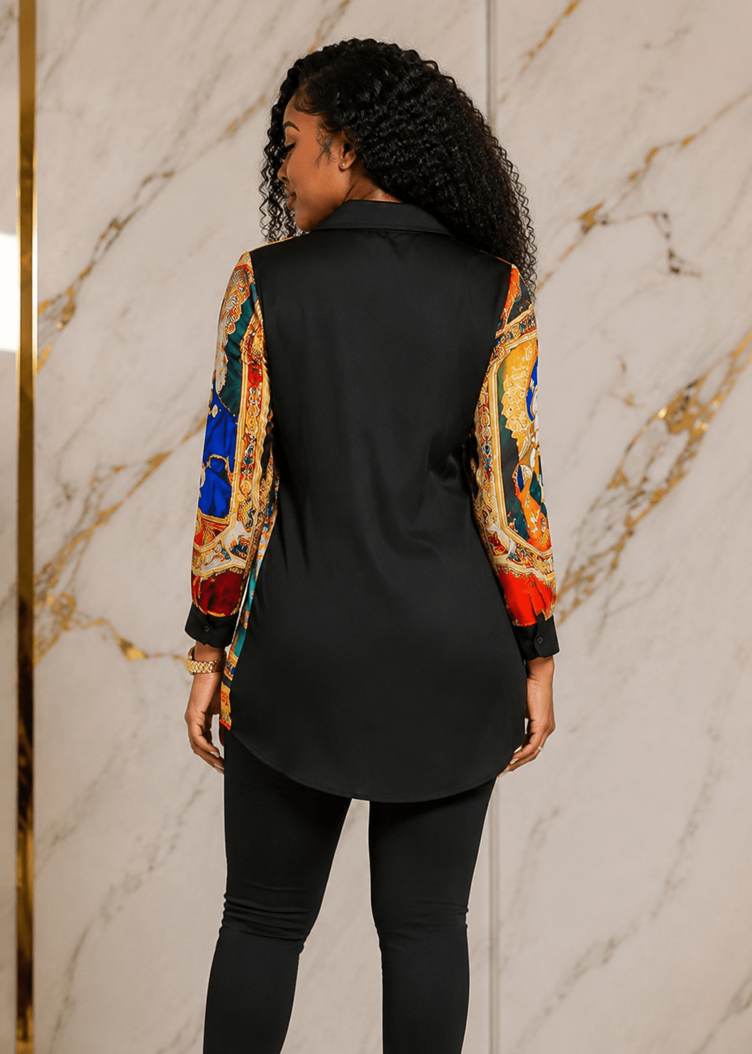 Women's Multicolor Baroque Print Longline Button-Down Shirt – Long Sleeve Collared Dressy Casual Blouse - Top - Cherubim Aura