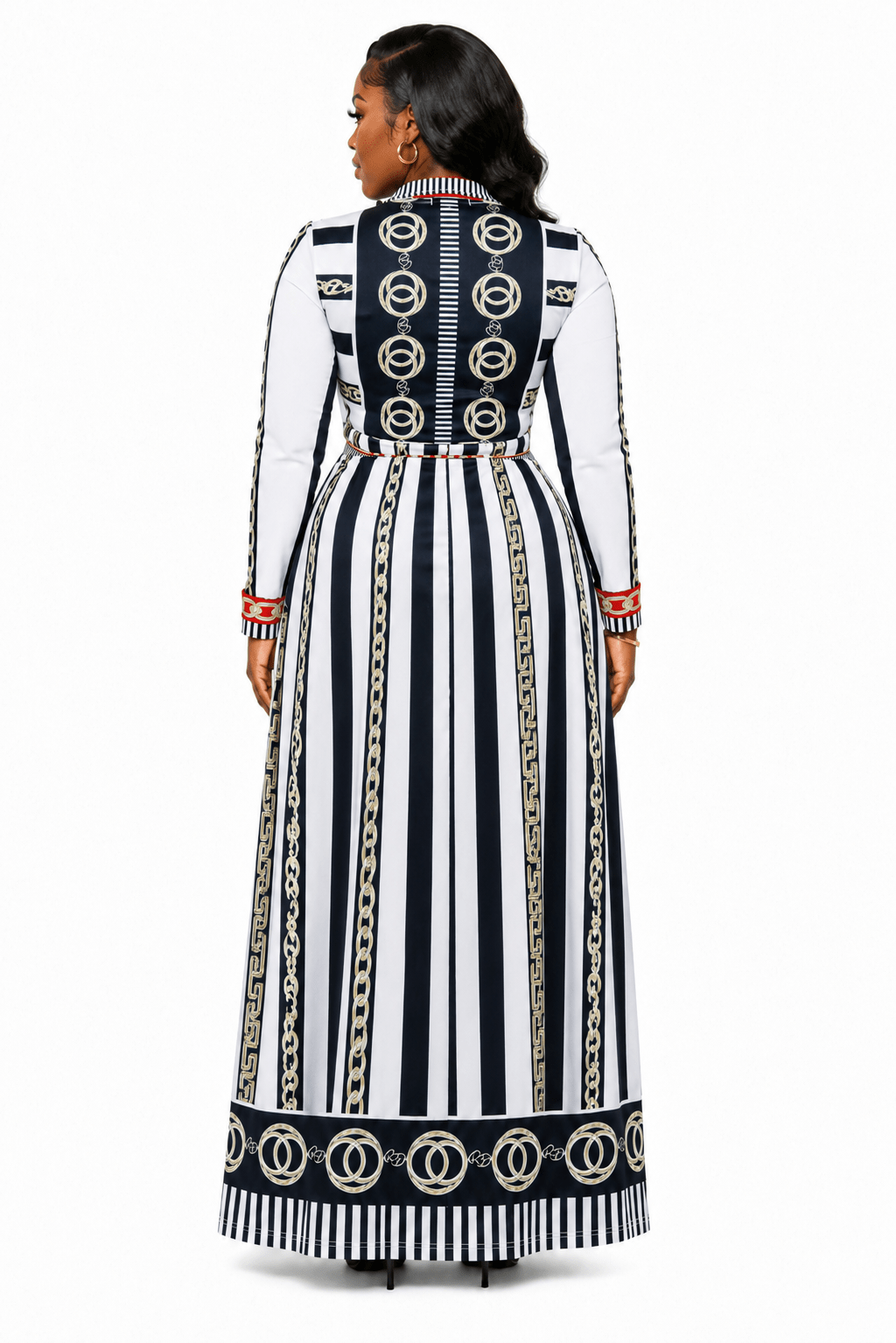 Women’s Nautical Stripe & Baroque Chain Print Maxi Dress – Long Sleeve Belted Dress - Maxi Dress - Cherubim Aura