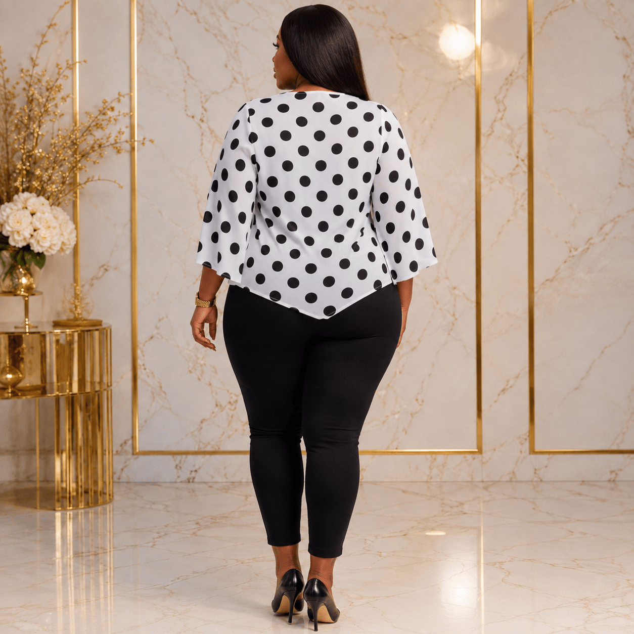 Women’s Polka Dot Tie-Waist Blouse – Bell Sleeve Round Neck Dressy Casual Top – One Size UK 10–16 - Top - Cherubim Aura