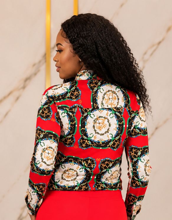 Women's Red Baroque Chain Print Button-Down Shirt – Long Sleeve Collared Dressy Casual Blouse - Top - Cherubim Aura