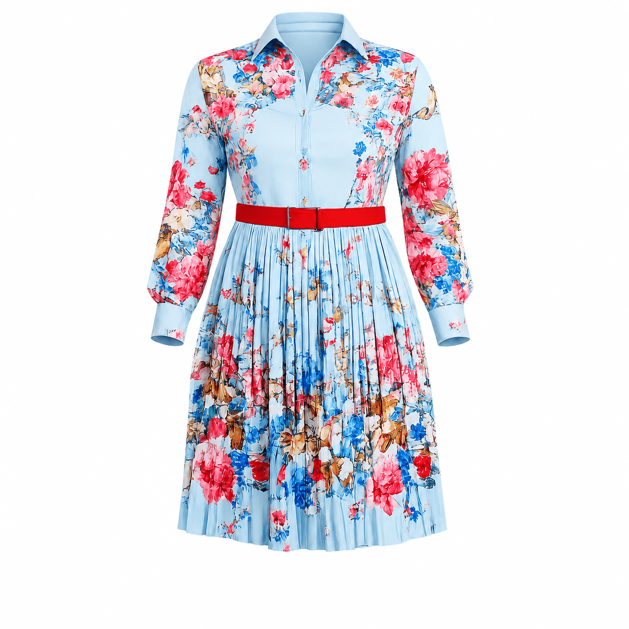 Women's Sky Blue Floral Pleated Shirt Midi Dress – Long Sleeve Belted A-Line Dress - Midi Dresses - Cherubim Aura