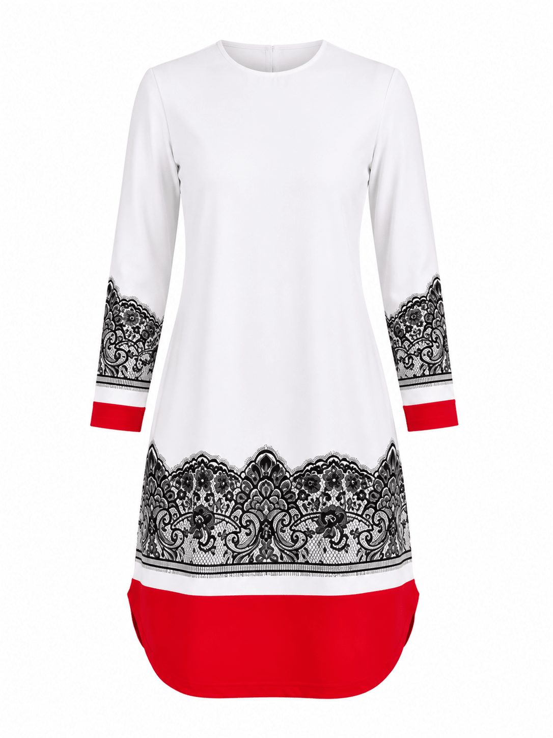 Women's White Lace Print Shift Mini Dress – Long Sleeve Colour Block Tunic Dress - Mini Dress - Cherubim Aura