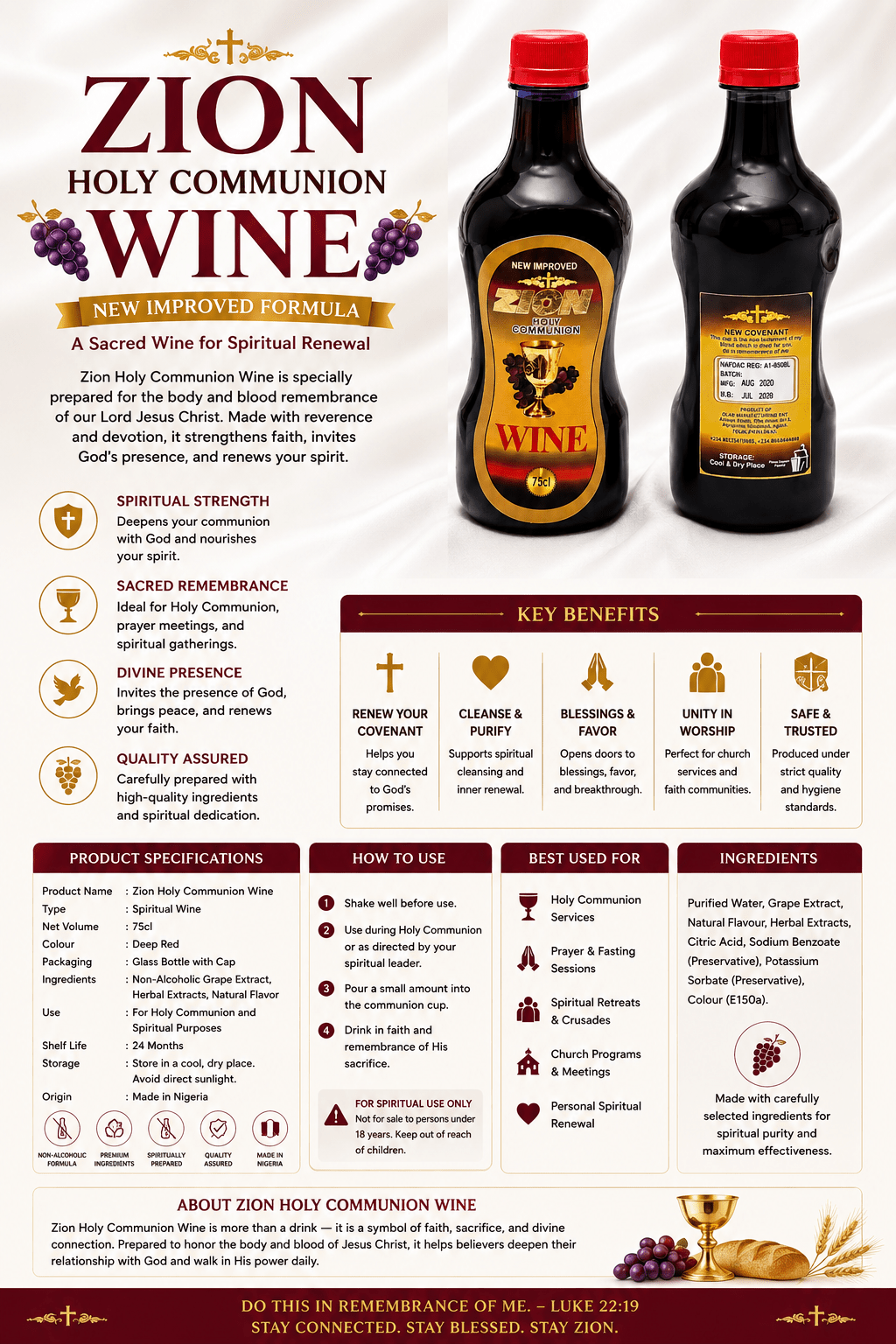Zion Holy Communion Wine 75cl – Church Communion & Christian Sacramental Wine - Holy Communion Wine - Cherubim Aura