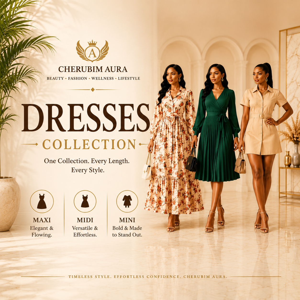 Women wearing maxi, midi and mini dresses from the Cherubim Aura Dresses Collection