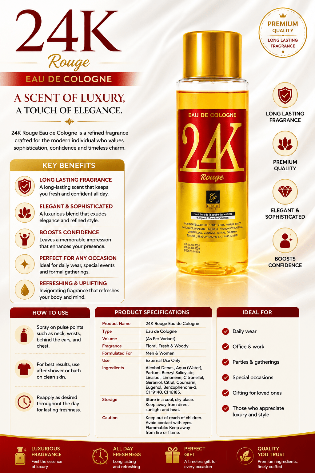 24K Rouge Eau De Cologne by Grace Paris – Luxury Floral, Fresh & Woody Spiritual Anointing Water for Confidence & Aura Refinement - Perfume - Cherubim Aura