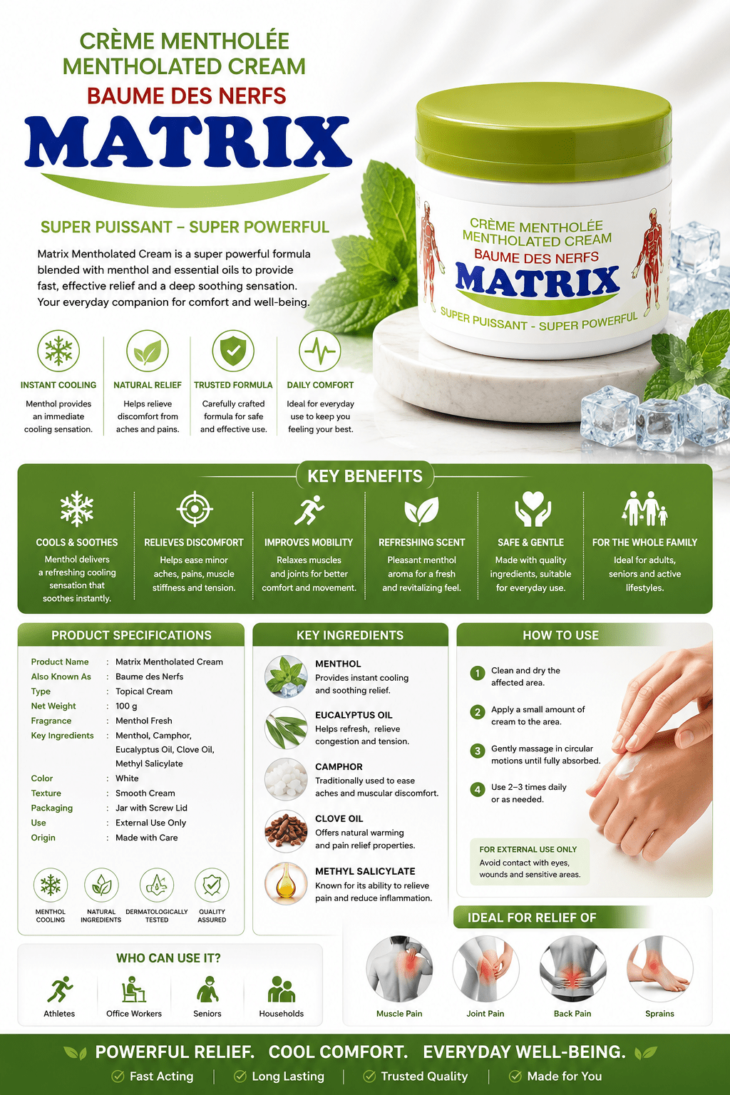 3x Matrix Mentholated Cream (Baume des Nerfs) – Super Powerful Pain Relief Balm Bundle - Massage Creams - Cherubim Aura