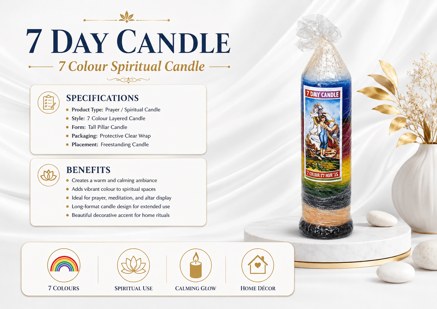 7 Day 7 Colour Spiritual Candle – Multi Colour Prayer, Intention & Ritual Candle - Spiritual Candles - Cherubim Aura